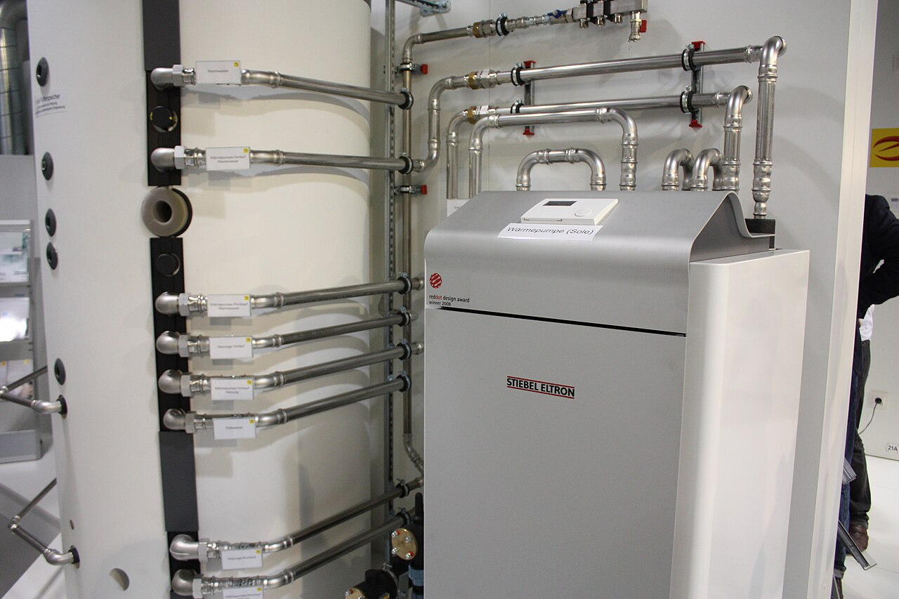Heizraum mit Sole-Wärmepumpe und Hydraulik — Belegfoto